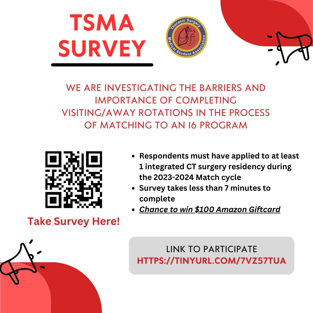 🚨Attention all 2023-2024 Match applicants who applied to at least 1 integrated 6-year CT surgery residency! We are investigating the importance of away rotations in matching to I6 programs. Please take this 7 min survey: tinyurl.com/7vz57tua @TSRA_official @TSDA_CTsurgery