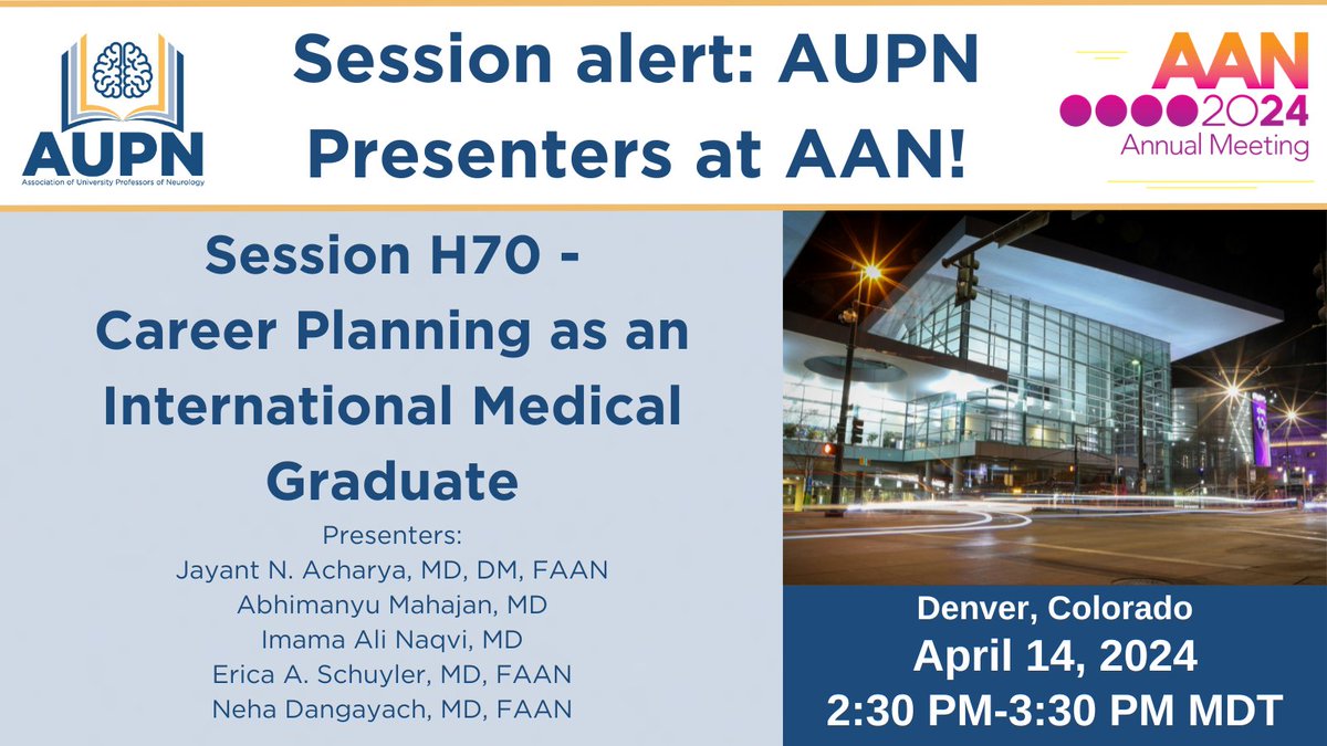 Association of University Professors of Neurology (@aupn_leaders) on Twitter photo Join AUPN Members Drs. Jayant Acharya & <a href="/EricaSchuyler/">Erica A Schuyler, MD, FAAN, FANA</a>, as well as Drs. <a href="/AMahajanMD/">Abhimanyu Mahajan</a>, <a href="/ImamaNaqviMD/">Imama Naqvi</a>, & <a href="/drdangayach/">Neha Dangayach MD MSCR FAAN FANA FCCP FCCM FNCS</a> for an informative session on career planning for international medical graduates at #AANAM. aan.com/msa/Public/Eve…
<a href="/AANmember/">American Academy of Neurology</a> #neurology <a href="/UConnNeurology/">UConn Neurology Residency</a> <a href="/siusom/">SIU Medicine</a> Join AUPN Members Drs. Jayant Acharya & <a href="/EricaSchuyler/">Erica A Schuyler, MD, FAAN, FANA</a>, as well as Drs. <a href="/AMahajanMD/">Abhimanyu Mahajan</a>, <a href="/ImamaNaqviMD/">Imama Naqvi</a>, & <a href="/drdangayach/">Neha Dangayach MD MSCR FAAN FANA FCCP FCCM FNCS</a> for an informative session on career planning for international medical graduates at #AANAM. aan.com/msa/Public/Eve…
<a href="/AANmember/">American Academy of Neurology</a> #neurology <a href="/UConnNeurology/">UConn Neurology Residency</a> <a href="/siusom/">SIU Medicine</a>