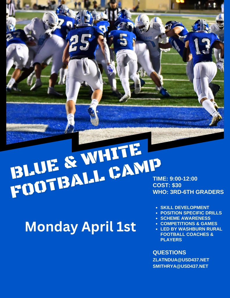 Just a reminder of our youth camp on Monday morning from 9-12 at the Washburn Rural football field.