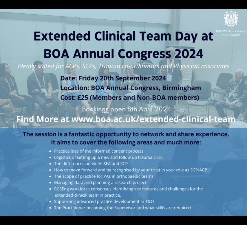 Work in T&O? Trauma Co-ordinator / Nurse / Nurse Practitioner / ODP / SCP / Ward teams / Plaster room staff / Outpatient clinic staff ? Save the date and join us at this years BOA Congress!