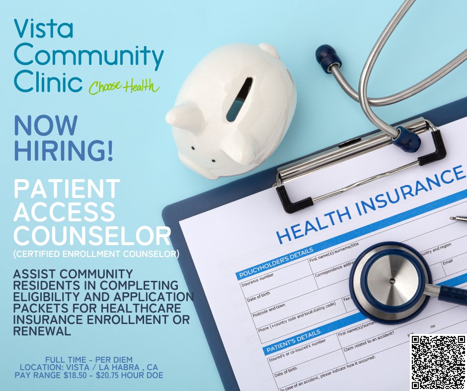 Join our team. Vista Community Clinic is hiring! Click on the link below to see all our open positions and apply today! …https://careerportaln-vistacommunityclinic.icims.comVista Community Clinic is an Equal Opportunity Employer. #VCC #ChooseHealth #HiringNow #HealthcareCareers