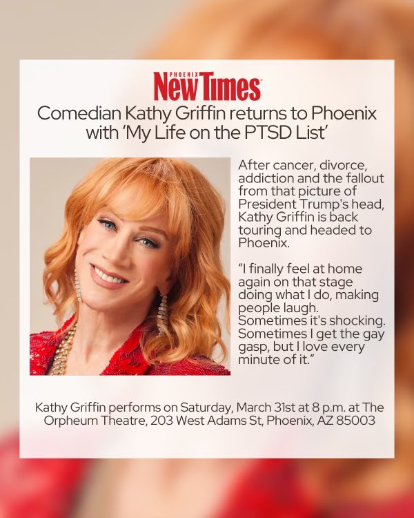 COMING to Phoenix tomorrow, ready to spill the tea at The Orpheum Theatre on March 31st, 8 p.m. Let’s get naughty! 😈🎤 #KathyGriffin #comedytour 

phoenixnewtimes.com/arts/comedian-…