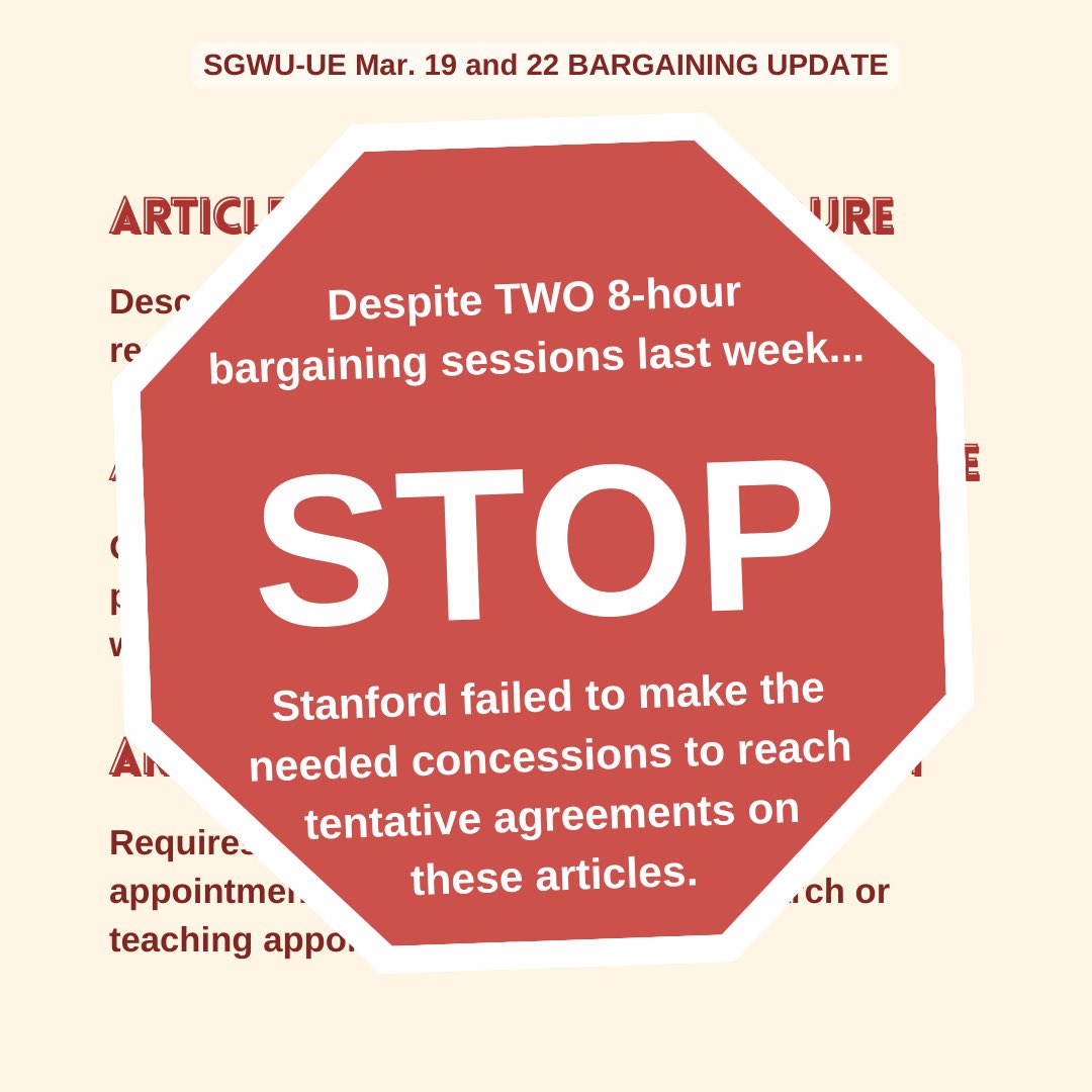 StanfordGWU's tweet photo. Extra long bargaining update β¨ Our Bargaining Committee had TWO 8-hour sessions with Stanford DURING FINALS WEEK. Yet Stanford refused β again β to agree to a grievance procedure covering power abuse, discrimination and harassment. π€π€π€ (π§΅ 1/3) #StanfordGWU #unionbargaining https://t.co/yg5256OFqg