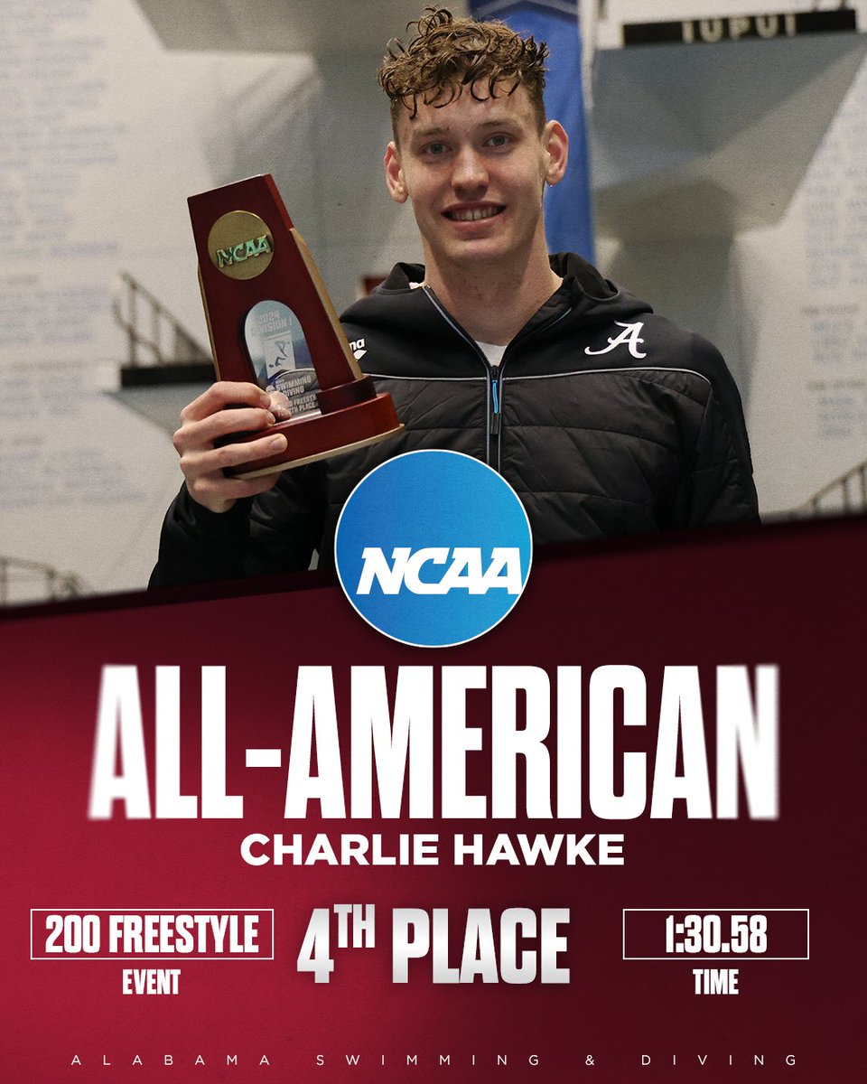 Charlie Hawke earns his second 🏆 with a 4th-place finish in the 200 freestyle thanks to a blistering time of 1:30.58!! #RollTide