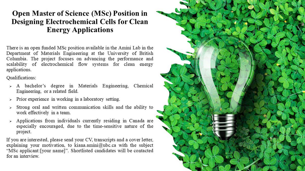 Kiana Amini (@kianaamini6) on Twitter photo I have an opening in my lab at #UBC for a motivated MSc student to work on the development of electrochemical flow systems for clean energy applications. If interested, please read below for more information.
#Electrochemical_systems #redox_flow_batteries #lithium_extraction I have an opening in my lab at #UBC for a motivated MSc student to work on the development of electrochemical flow systems for clean energy applications. If interested, please read below for more information.
#Electrochemical_systems #redox_flow_batteries #lithium_extraction