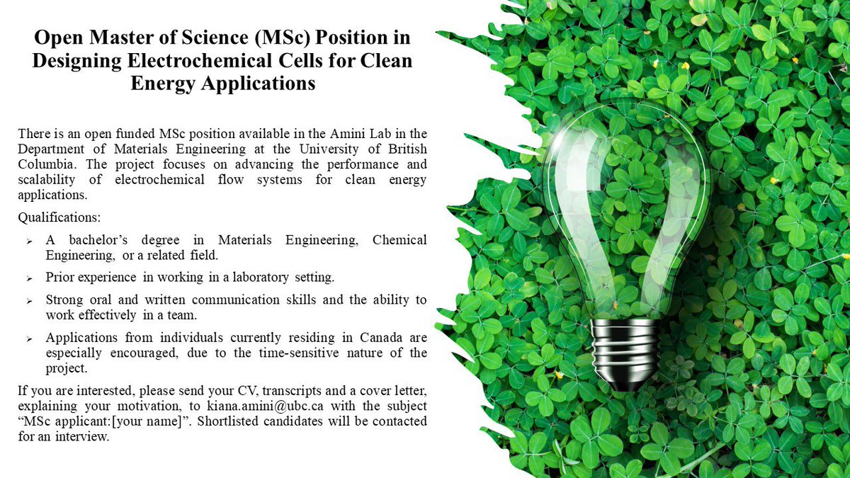 I have an opening in my lab at #UBC for a motivated MSc student to work on the development of electrochemical flow systems for clean energy applications. If interested, please read below for more information. #Electrochemical_systems #redox_flow_batteries #lithium_extraction