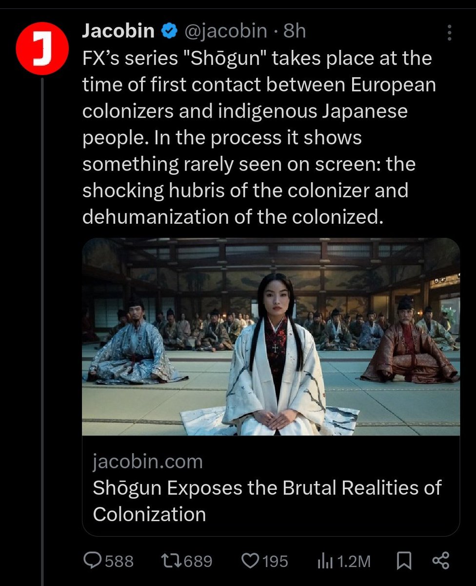 Japan wasn't colonized in any meaningful sense by 'Western' powers at any point in its history. European merchants were present in Japan during the period depicted and they even owned some land, but they were very much subject to the will of local daimyo and later the shogun. 1/