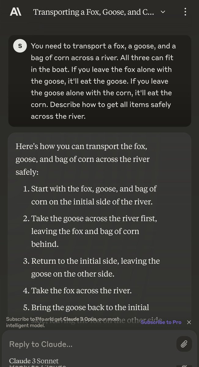 WaltonStevenj's tweet image. Because AI is still only a pattern machine (an incredibly powerful one!). Here&apos;s how to see.
Take a common trick question or puzzle, change it to not be a trick, ask GPT (here&apos;s Claude since I&apos;m on Mobile, I use GPT4 by API and it does the exact same thing).