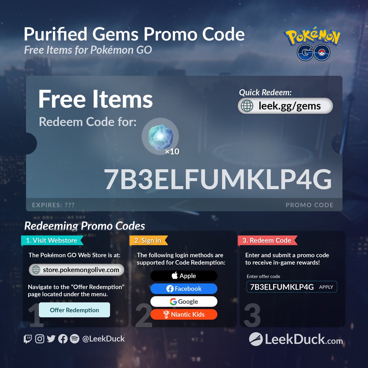 LeekDuck's tweet photo. Trainers can redeem this code for 10 Purifed Gems. 

7B3ELFUMKLP4G

You can go over the limit of 10, so you could stock up first, then go over with 20 by redeeming this code.

Quick Redeem: https://t.co/fqclQWn12R https://t.co/99Uy6wSYH9