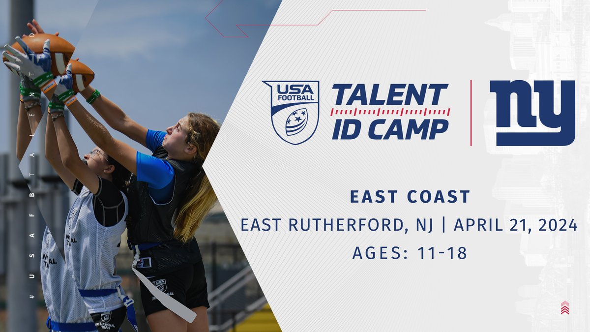 Live on the east cost? Want to get scouted for one our 🚩🏈 National Teams? Sign up for our East Coast Talent ID Camp with @Giants at the link below! 👇 🔗 bit.ly/4azO1Rg #USAFBTalentID #FlagFootball #FlagFootballCamps @GiantsCRDept