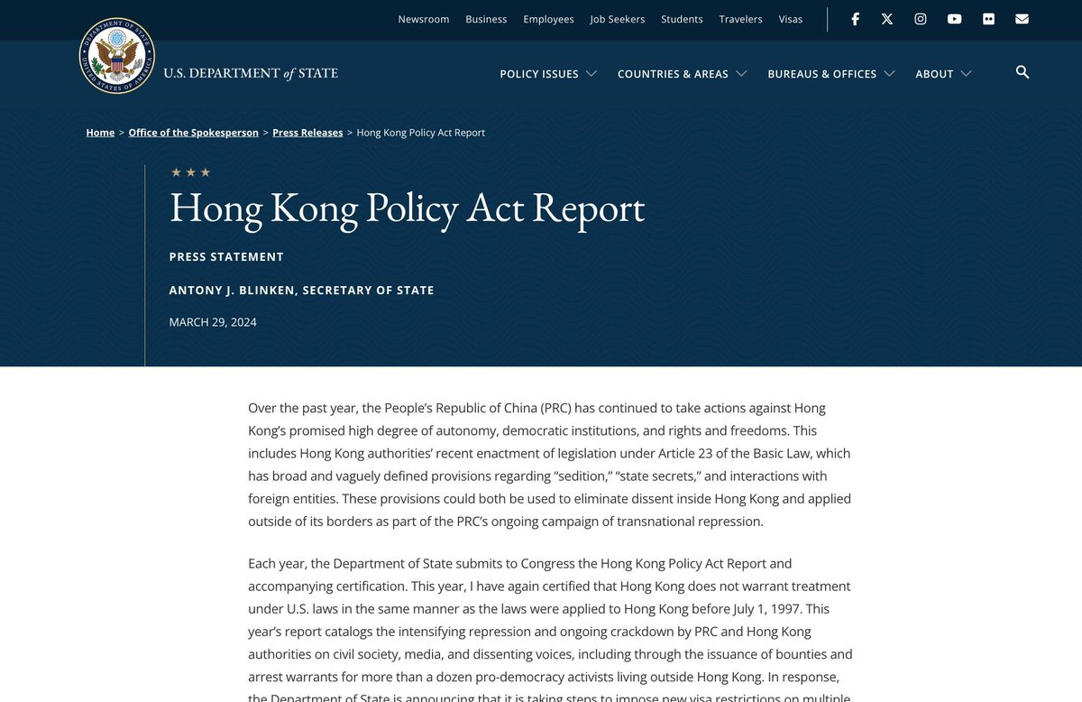 US State Dept releases annual report on Hong Kong: 'Over the past year, the People’s Republic of China (PRC) has continued to take actions against Hong Kong’s promised high degree of autonomy, democratic institutions, and rights and freedoms. buff.ly/3xhefd6