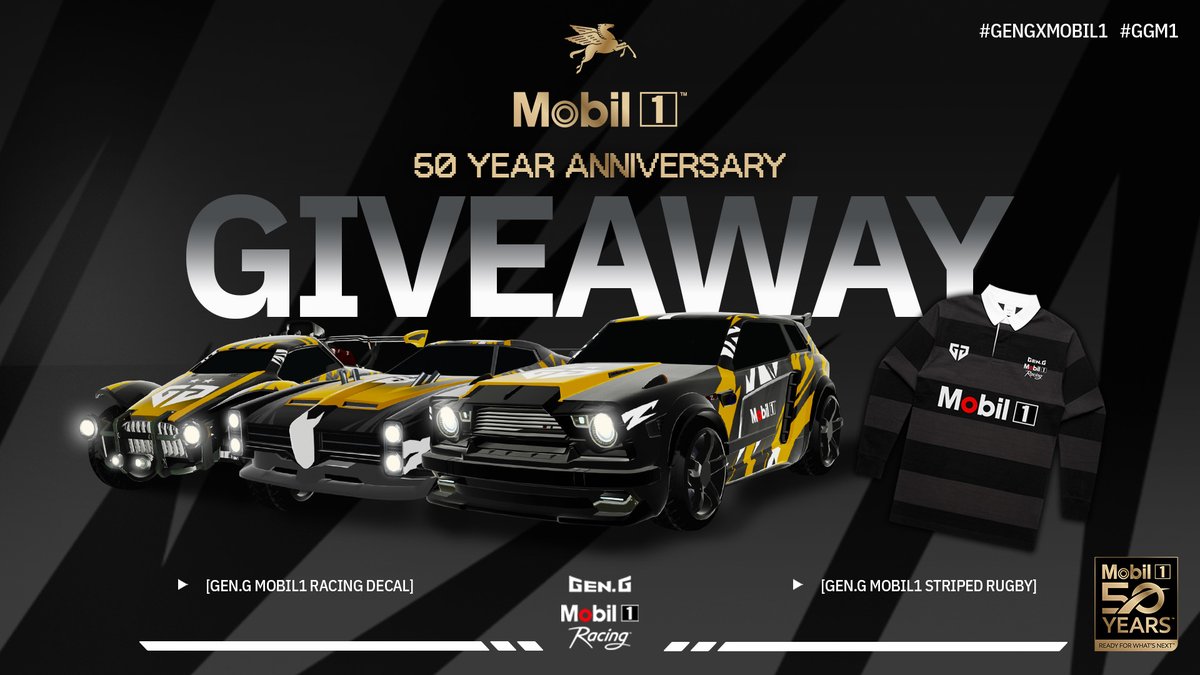 Celebrating Top 8 with our golden duo 🏆 In honor of @mobil1racing's 50th Anniversary, we're doing a giveaway! 🎂 Enter to win our GGM1 Decal & Striped Rugby Shirt: 1⃣ RT & like this post 2⃣ Tag a friend in the replies #GenGxMobil1 #RLCS