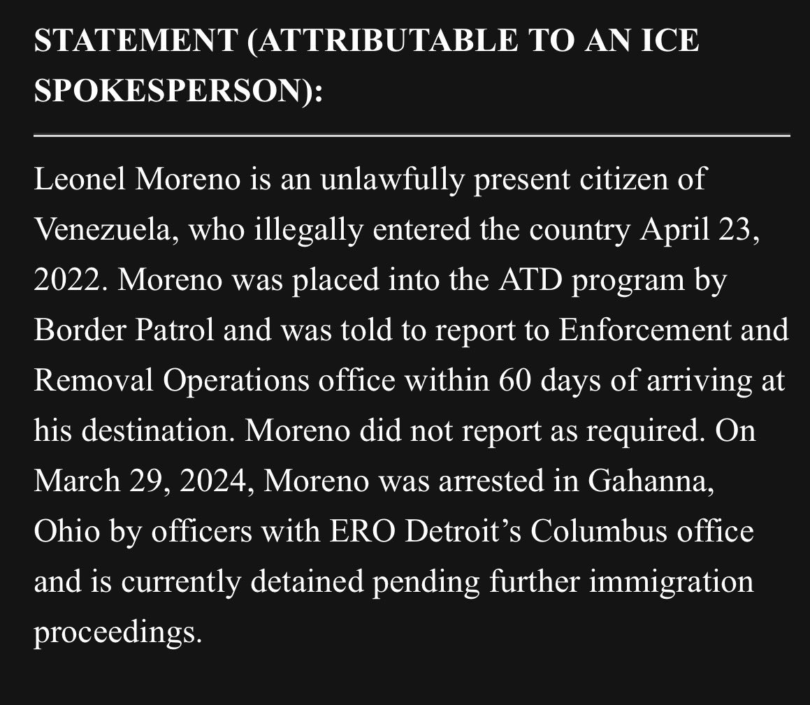 @FoxNews @AdamShawNY NEW: ICE statement confirming Venezuelan illegal alien “TikTok influencer” Leonel Moreno was arrested by ICE in Ohio today.