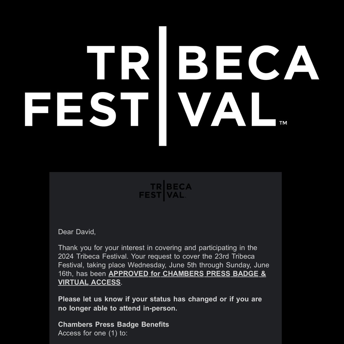 Year 4 of Coverage On Deck! #Tribeca2024 Press Badge Approved! Thanks to  @Tribeca #TribecaFilmFestival #TribecaFestival