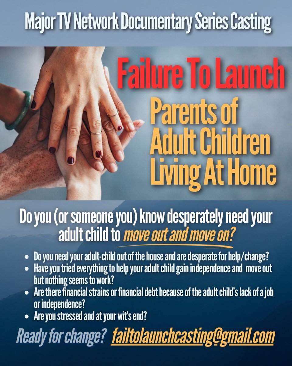 Is your adult child still living at home? We're casting for FAILURE TO LAUNCH - PARENTS OF ADULT CHILDREN LIVING AT HOME A unique opportunity & PAID gig! Share your story on a national stage. Interested? Dive in for details: AuditionList.io #CastingCall #ParentsUnite