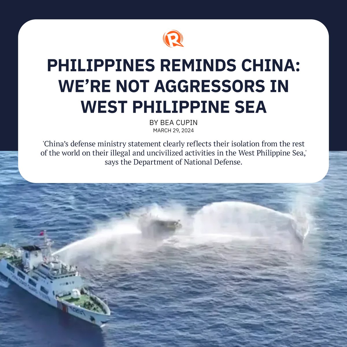 rapplerdotcom's tweet image. The DND was reacting to China’s defense ministry, who said in a statement on Thursday, March 28, that Manila’s “harassment and provocations [were] the immediate cause of the recent escalation of the South China Sea issue.” trib.al/MHpcWJQ