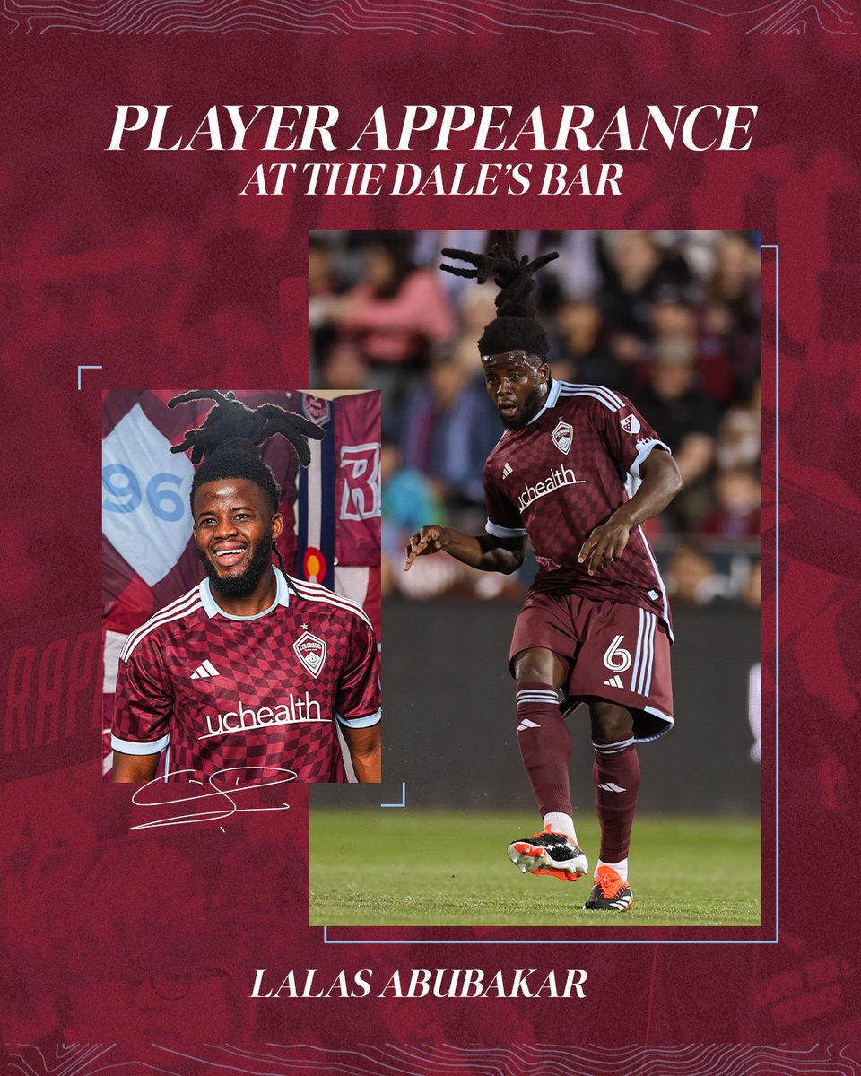 Colorado Rapids (@coloradorapids) on Twitter photo Make sure to stick around postgame tomorrow to enjoy the weather and meet <a href="/LALASABUBAKAR1/">LALAS ABUBAKAR</a>!
Make your way to The Dale's Bar on the south side of the stadium to hang out, grab some photos and get autographs! ๐ธโ๏ธ
#Rapids96 Make sure to stick around postgame tomorrow to enjoy the weather and meet <a href="/LALASABUBAKAR1/">LALAS ABUBAKAR</a>!
Make your way to The Dale's Bar on the south side of the stadium to hang out, grab some photos and get autographs! ๐ธโ๏ธ
#Rapids96
