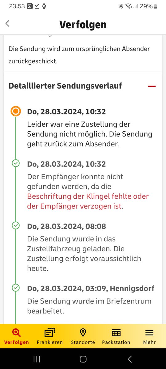 Hallo liebe <a href="/DHLPaket/">DHL Paket</a>.
Ich wollte mich nur für die Rücksendung bedanken. Ich wohne an meiner Lieferadresse seit fast 40 Jahren. Mein Name steht auch draussen am Klingelbrett und am Briefkasten. Bin gerade angepisst weil die Sendung zurück ins Ausland zum Absender geschickt wird.