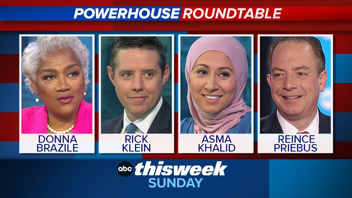 SUNDAY ROUNDTABLE: @donnabrazile, @Reince, @rickklein & @asmamk join @MarthaRaddatz to discuss all the week’s politics. Only on @ThisWeekABC trib.al/DUojbaF