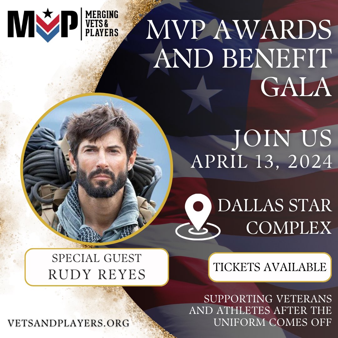 The 2nd Annual MVP Awards & Benefit Gala is just 2 weeks away! Thrilled to share the confirmed attendance of Former Recon Marine/TV Host Rudy Reyes! Tickets, Tables, & Sponsorship Packages are still available! More info at vetsandplayers.org/mvp-gala-2024