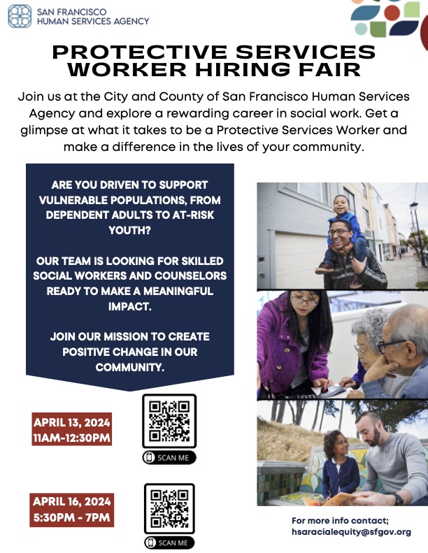 Happy Friday Gators! San Francisco Human Services Agency will host two virtual fairs that will take place on April 13th from 11am to 12:30pm (Pacific Standard Time) and April 16th, 5:30pm - 7:00pm (Pacific Standard Time)!