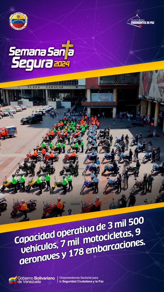 DGNBEnLinea's tweet photo. #29Mar Durante esta #SemanaSantaSegura2024 se encuentra activa una capacidad operativa de 3 mil 500 vehículos, 7 mil motocicletas, 9 aeronaves y 178 embarcaciones.

#SemanaDePaz
#PorElBienestarDelPueblo https://t.co/jkQKkqlo4F