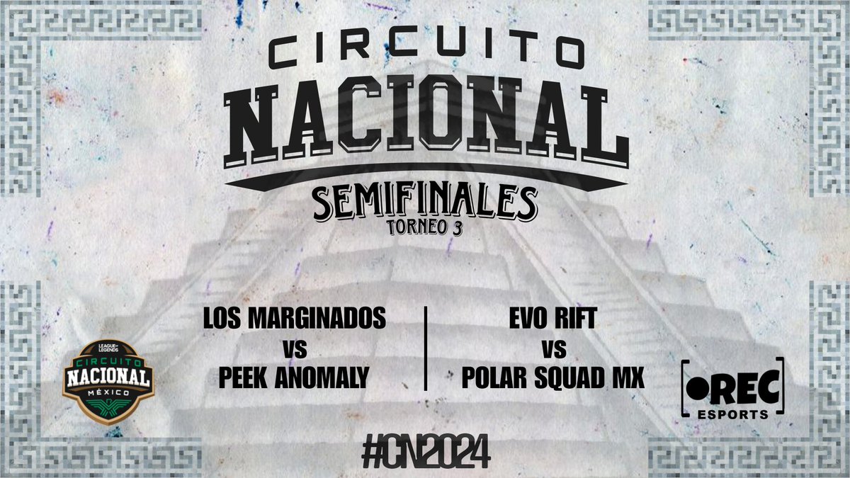 RecaEsports's tweet photo. Así quedan las semifinales del 3er. Torneo del Circuito Nacional Mexicano!
#LosMarginados vs #PeekAnomaly
@Evo_Rift vs @PolarSquadMX
Nos vemos hoy a las 8:00 PM 🇲🇽🇬🇹
🎙️ @NialeTv
🎙️ @_MaferVera
🎙️ @sami_mgal
🎙️ @dreck_alex
📺🔴https://t.co/AceHmzLJxG
#Cn #cnmx #recasaquero https://t.co/yQ5mmBoaon