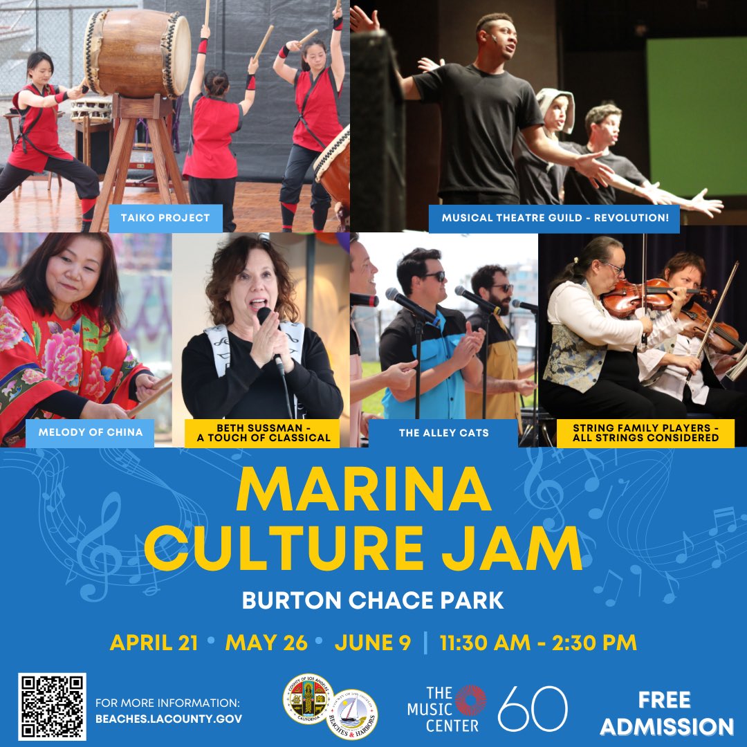✨The Marina Culture Jam series returns to Burton Chace Park this Spring! This special 3-part series presented by the Department of Beaches and Harbors & @MusicCenterLA features live performances, arts & crafts, cultural learning activities & much more! 🔗marinadelrey.lacounty.gov