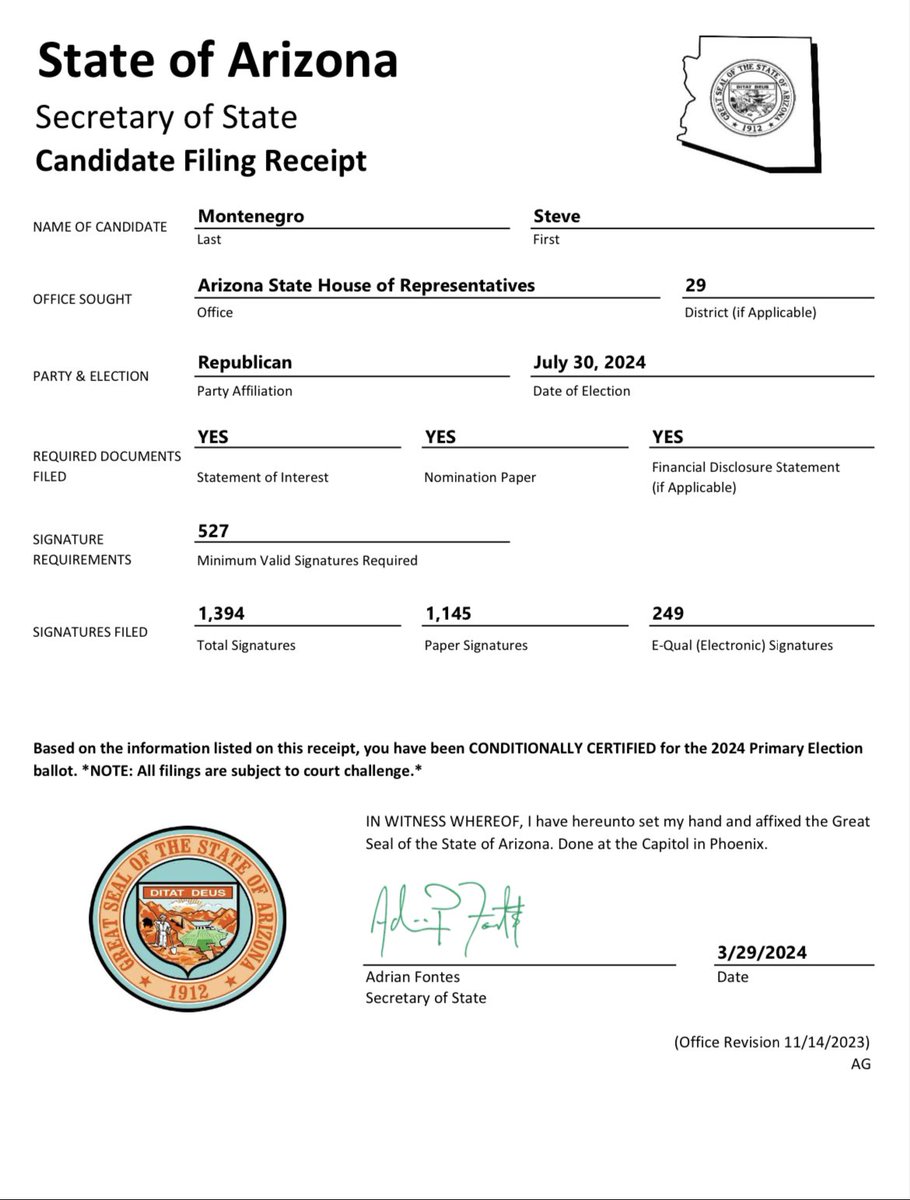 SteveMontenegro's tweet photo. Thanks to everyone who signed and/or carried my petition. Grateful for your continued support. We are on the ballot! @AZGOP #AZRight #ShampMontenegroSmith #LD29Strong https://t.co/Y9TmwTTu3D
