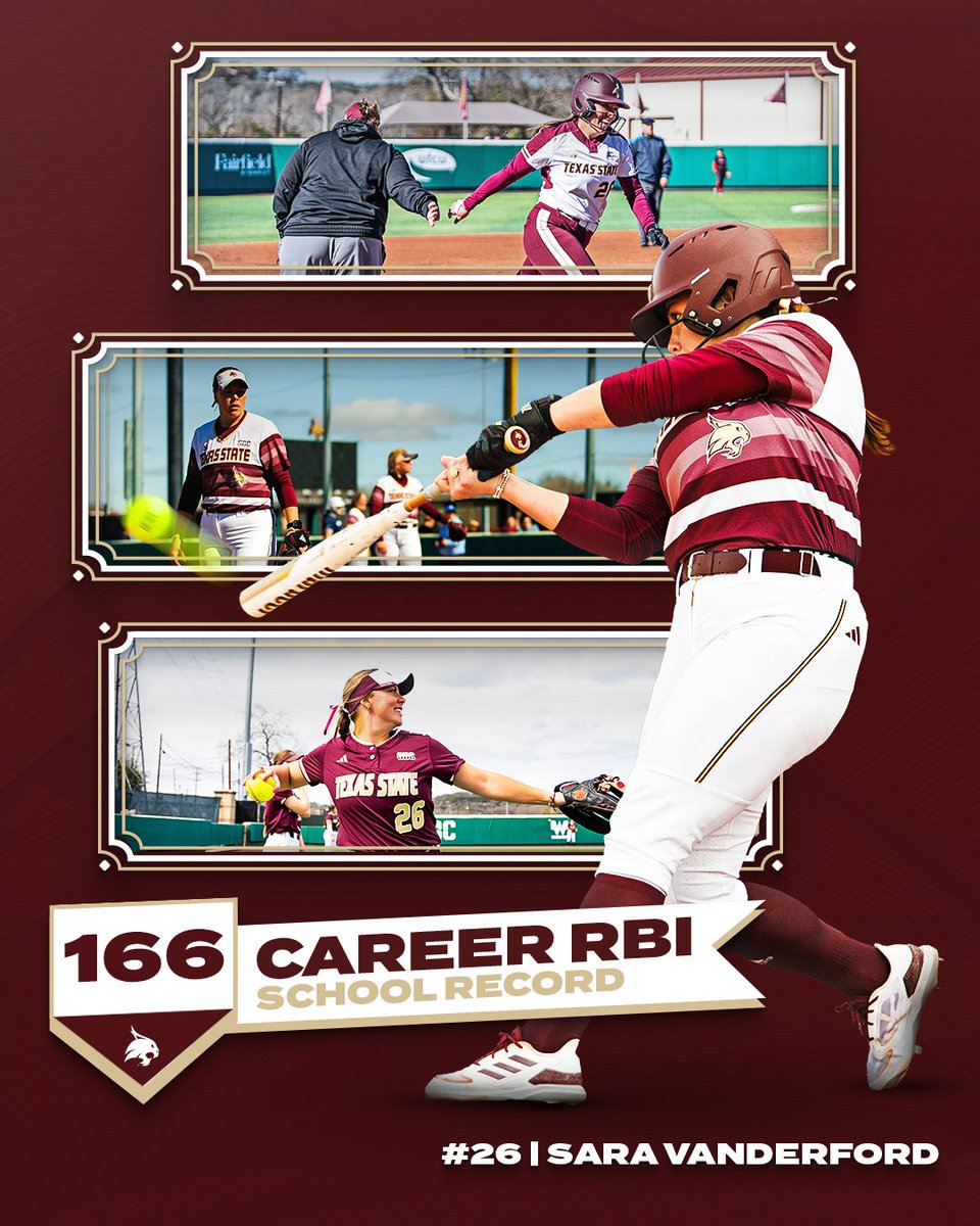 With two RBI in the top of the 1st against South Alabama, @ssaravanderford is now the All-Time Career RBI leader in TXST softball history! #EatEmUp