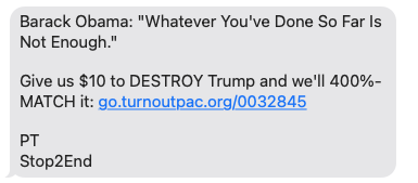 I don't know who is advising you <a href="/TurnoutPAC/">Progressive Turnout Project</a>, but your text program SUCKS.  

Seriously, all this does is make us want to tell Obama off.