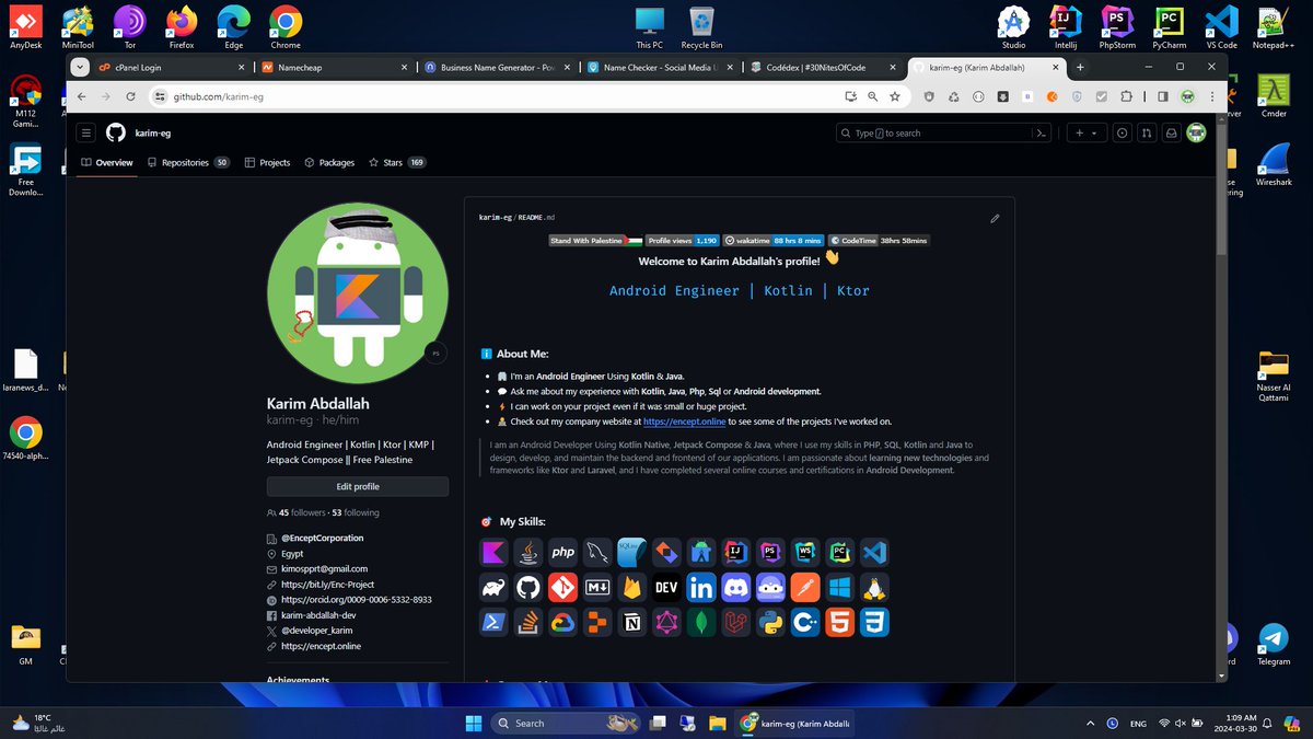 developer_Karim's tweet image. #30NitesOfCode DAY 30.
Here&apos;s what I&apos;ve worked on for this challenge:
- Finished 40% of Mastering Kotlin Book.
- Finished 30% of Laravel Course.
- Redesigned My Github Profile.
- Completed 10 Days of AI Challenge.
- Worked on my Android projects.

Waiting for the next challenge.