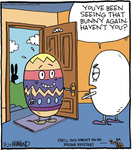 DalePederson's tweet photo. #FridayMotivation from #decorative #eggs in two #comcis #today. "Reality Check# by Dave Whamond shows a #festooned #fella returning home from a #party while "Half Full" by Maria Scrivan depicts the other #merrymakers being #taken for a #ride by the #EasterBunny #copter #pilot https://t.co/XaJnam0IFe