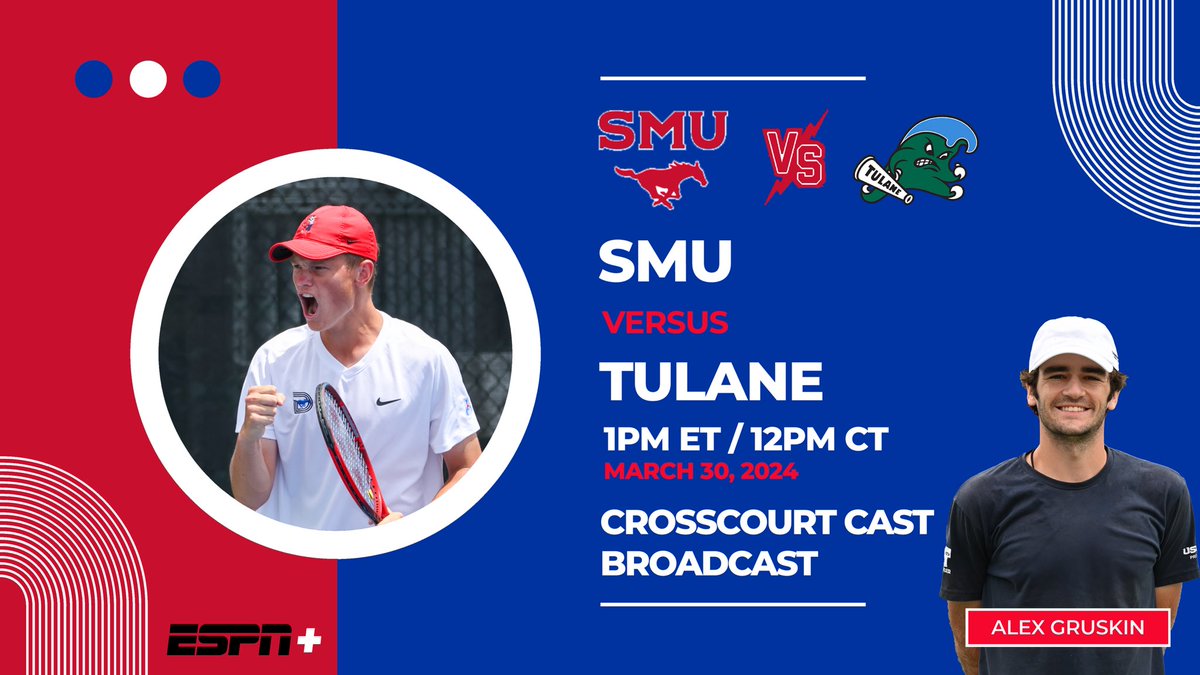 AAC Showdown! Join @AlGruskin for our @CrossCourt_Cast coverage on ESPN+ tomorrow at 1pm ET / noon CT. #71 @TulaneMTennis at #42 @SMUMTennis 📺: espn.com/espnplus/playe…