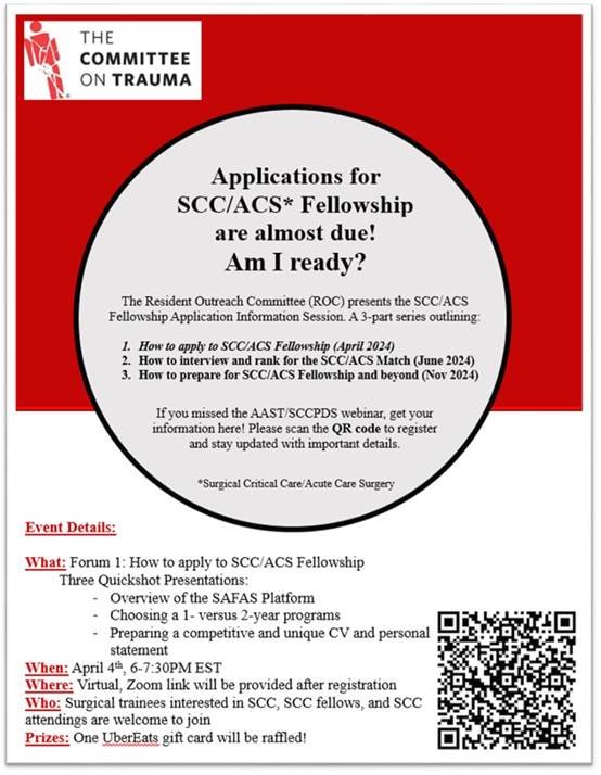 🚨Applying to Trauma/SCC Fellowship this year, or in the coming years?🚨
Join MA COT for our webinar next week, where a panel of experts will review the application and interview process!
Next Thurs. 4/4 at 6pm EST — register using the attached QR code🔗

@acsTrauma @SURGCC