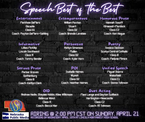 CONGRATULATIONS to the 2024 Speech Best of the Best performers! Best of the Best will air at 2 p.m. CST on Sunday, April 21 on <a href="/NebPublicMedia/">Nebraska Public Media</a>! #nebpreps