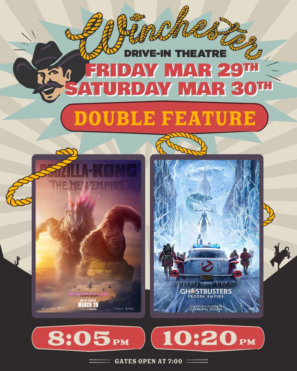 WinchesterDrive's tweet photo. THIS WEEKEND! 

March 29th &amp; 30th • FRI &amp; SAT
7:00 pm - Gates Open
8:05 pm - Godzilla X Kong
10:20 pm - Ghostbusters Frozen Empire

🤠 See you at the Drive-In! https://t.co/Pc2SsniYJL