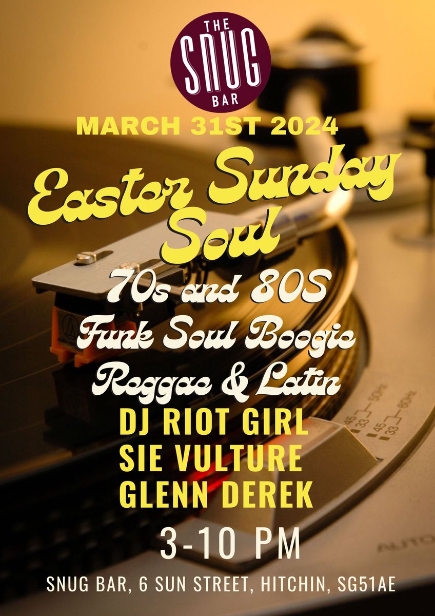 Catch us at the snug bar in #hitchin this Easter Sunday from 3-10 pm 
#70s #80s #funk #soul #boogie #raregroove #reggae #latin #Easter #EasterSunday #EasterWeekend