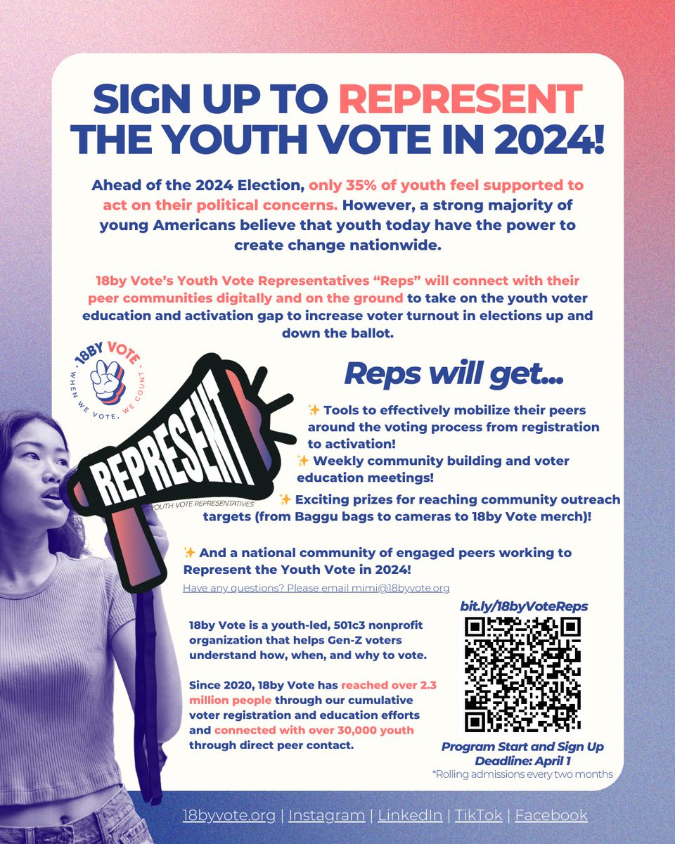 REPRESENT the youth vote with our friends at @18byvote by becoming a Youth Vote Representative! Everyone is welcome in this digital/on-the-ground hybrid program to amplify youth voices in voter registration and activation! 🤩 #18byVote #YouthVote bit.ly/18byVoteReps