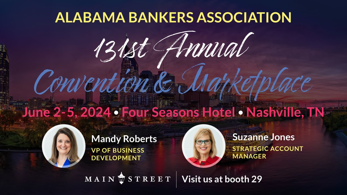 MainStreetInc's tweet photo. We will be at @ALBankers's 131st Annual Convention &amp; Marketplace on June 2-5 in Nashville, TN! Stop by booth 29 to chat with Mandy Roberts &amp; Suzanne Jones and enter for a chance to win an Amazon Echo Show! https://t.co/5OLKvilP7m
