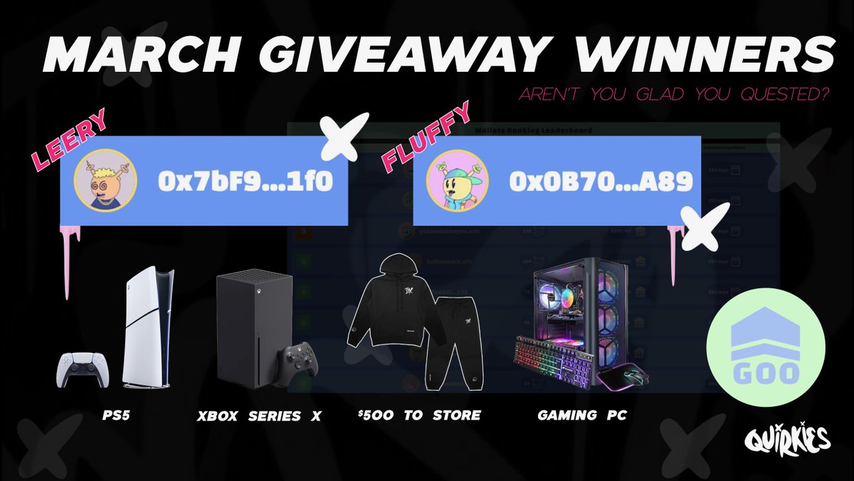 🔥🏆 WE HAVE OUR FIRST WINNERS (we picked 2 for March)

and they are <a href="/LeeryEtherian/">Leery</a> and <a href="/Fluffnacious/">.jpgFluffy</a> 

They will each have their pick of a PS5, Xbox X, $500 in store credit OR a Gaming PC

Going forward we will be picking one winner who is questing at least 1 Quirkie set PER