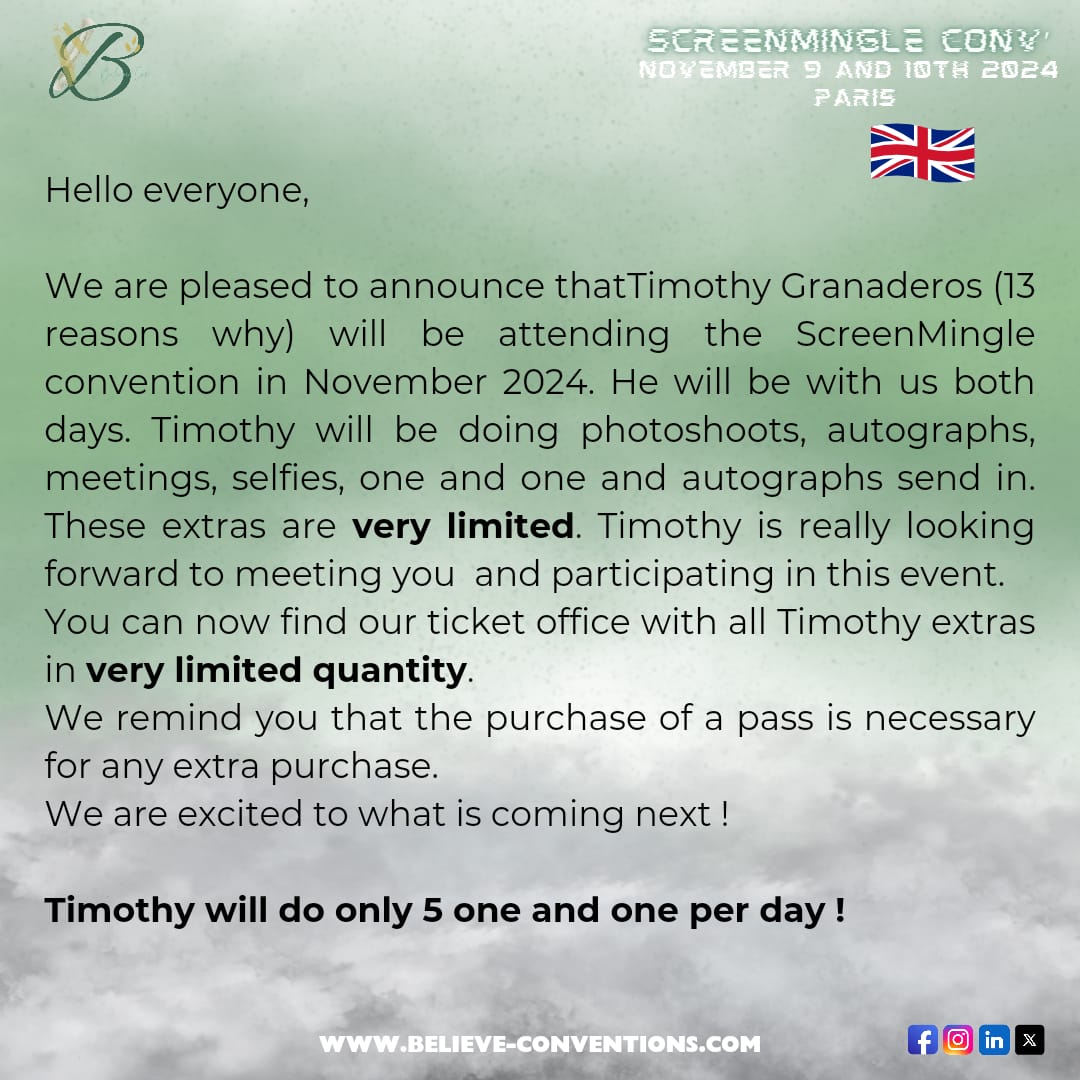 Please welcome Timothy Granaderos (13 Reasons Why, Tagged, ...) to the SMC 🎊🎊 ⚠️ he is doing only 5 one and one per day !! Find his ticket now : billetweb.fr/screen-mingle