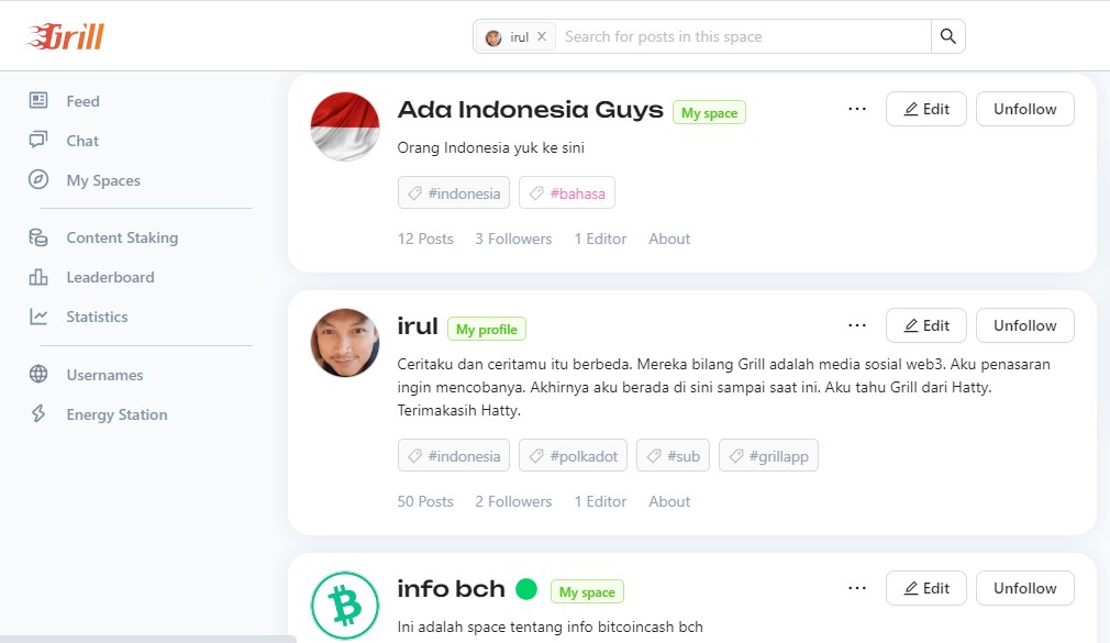 Aku ada di Grill app. Subsocial web3 di ruang Polkadot.

Aku membuat 2 space. 

Pertama tentang Indonesia. 

Kedua tentang Bitcoincash.

Apakah kamu sudah di sana? Mari kita berteman.

Kamu bisa mendapatkan token Sub di sana.

grillapp.net/22473?ref=22473

#indonesia #web3 #subsocial