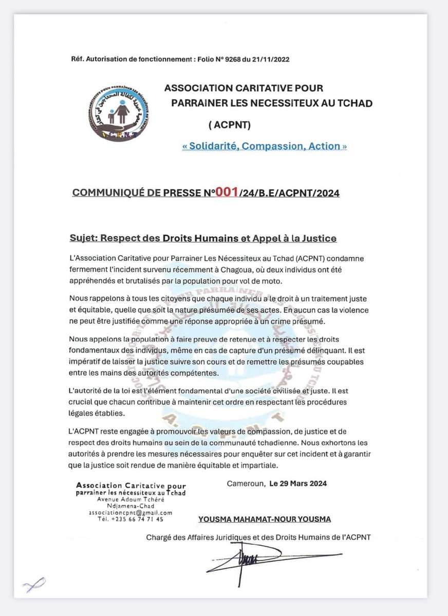 acpnt86147's tweet photo. 𝑪𝑶𝑴𝑴𝑼𝑵𝑰𝑸𝑼𝑬́ 𝑫𝑬 𝑷𝑹𝑬𝑺𝑺𝑬 001/24/𝑩.𝑬/2024
L’Association Caritative pour parrainer les nécessiteux au Tchad (ACPNT) condamne fermement l’incident survenu récemment à Chagoua, où deux individus ont été appréhendés et brutalisés par la population pour vol de moto.1/2 https://t.co/4OrYNuxY9X