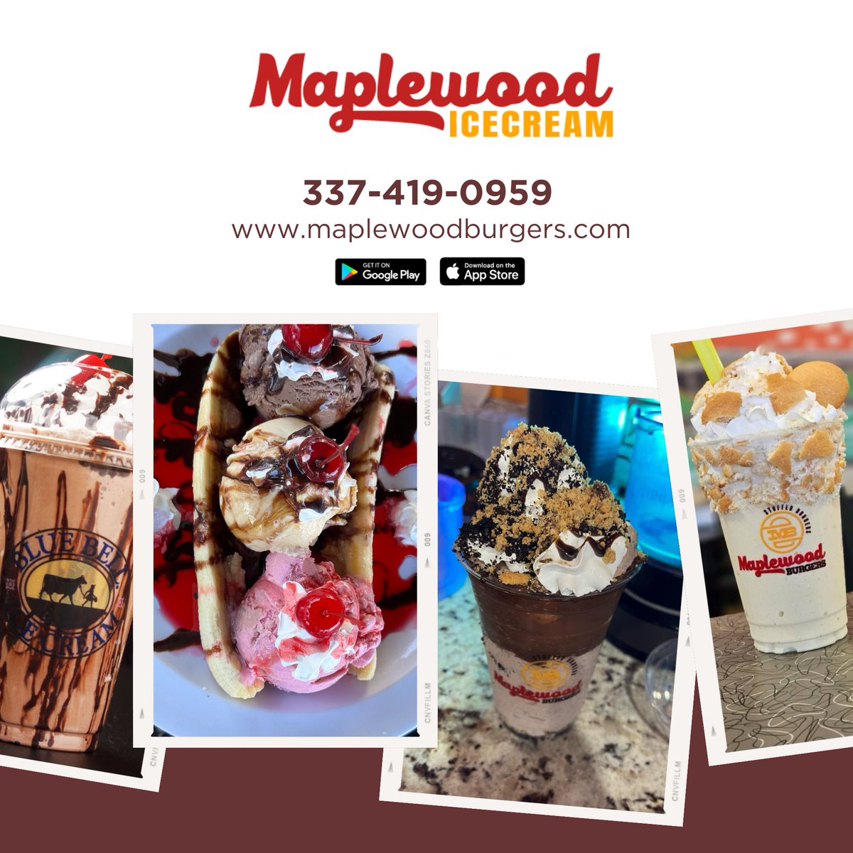 🍔🍦 TGIF at Maplewood Burgers! 🎉 Cool off or fulfill your sweet tooth with our ice cream lineup. 🍨 From milkshakes to banana splits, we've got it all to kick off your weekend right! 😋 #TGIF #MaplewoodBurgers #IceCreamTime #WeekendVibes #SweetTreats 🍌🍦🥤