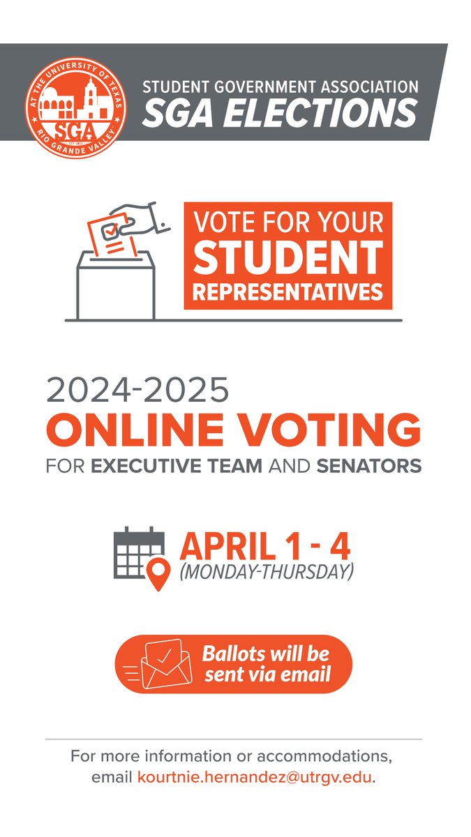 Cast your vote for the 2024-2025 Student Government Association!

Check your email for the following subject line: “SGA General Election: Vote Now.” You can vote on Monday, April 1 through Thursday, April 4.