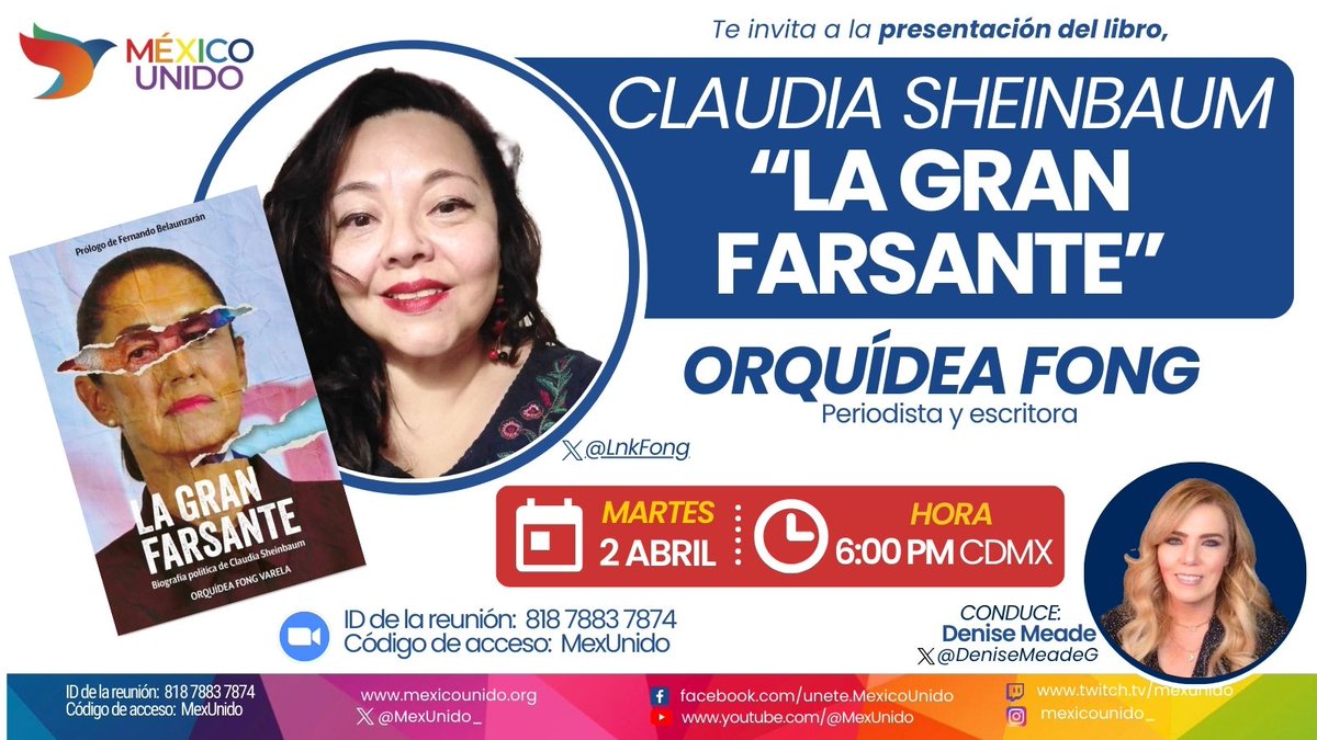 PRÓXIMO MARTES: 📍 Presentación del libro: Claudia Sheinbaum 'La Gran Farsante' con Orquídea Fong @LnkFong ⭕️En vivo en: Facebook Live YouTube 👇También en Space: twitter.com/i/spaces/1mrGm…