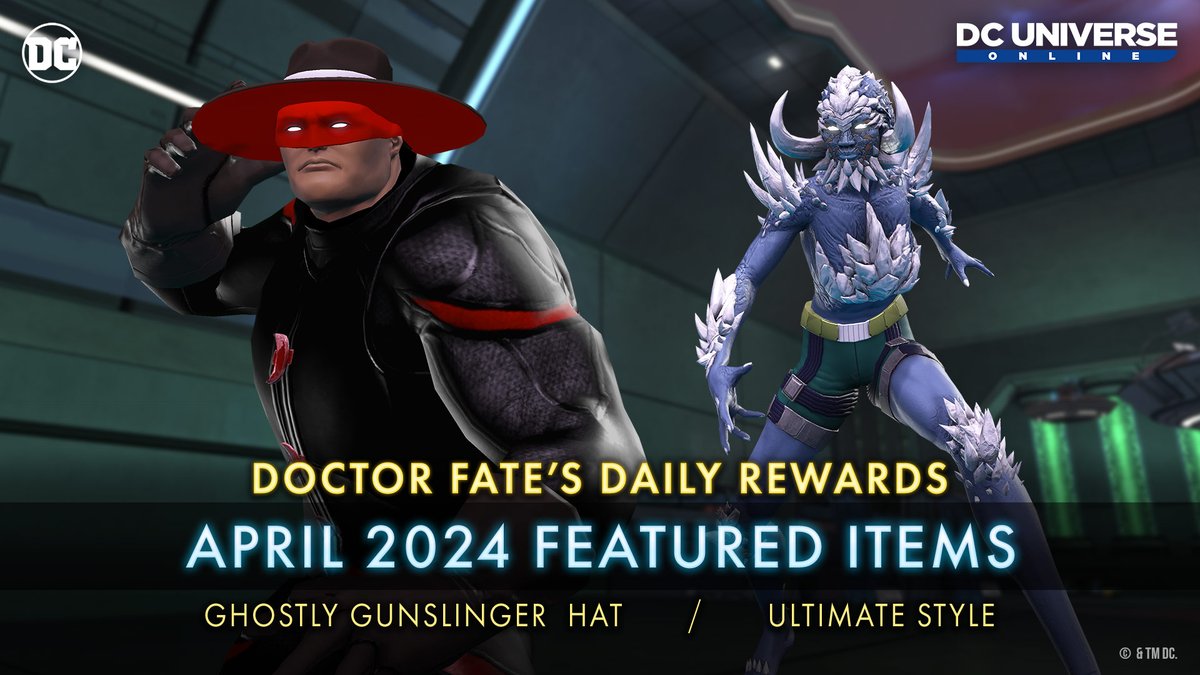 Doctor Fate has prepared a new collection of gear for the April 2024 daily rewards set in #DCUO 🔥 Log-in every day for new style unlocks, including Joker's Punchline, and the member-exclusive Ultimate style and Ghostly Gunslinger Hat. Which style are you equipping first?