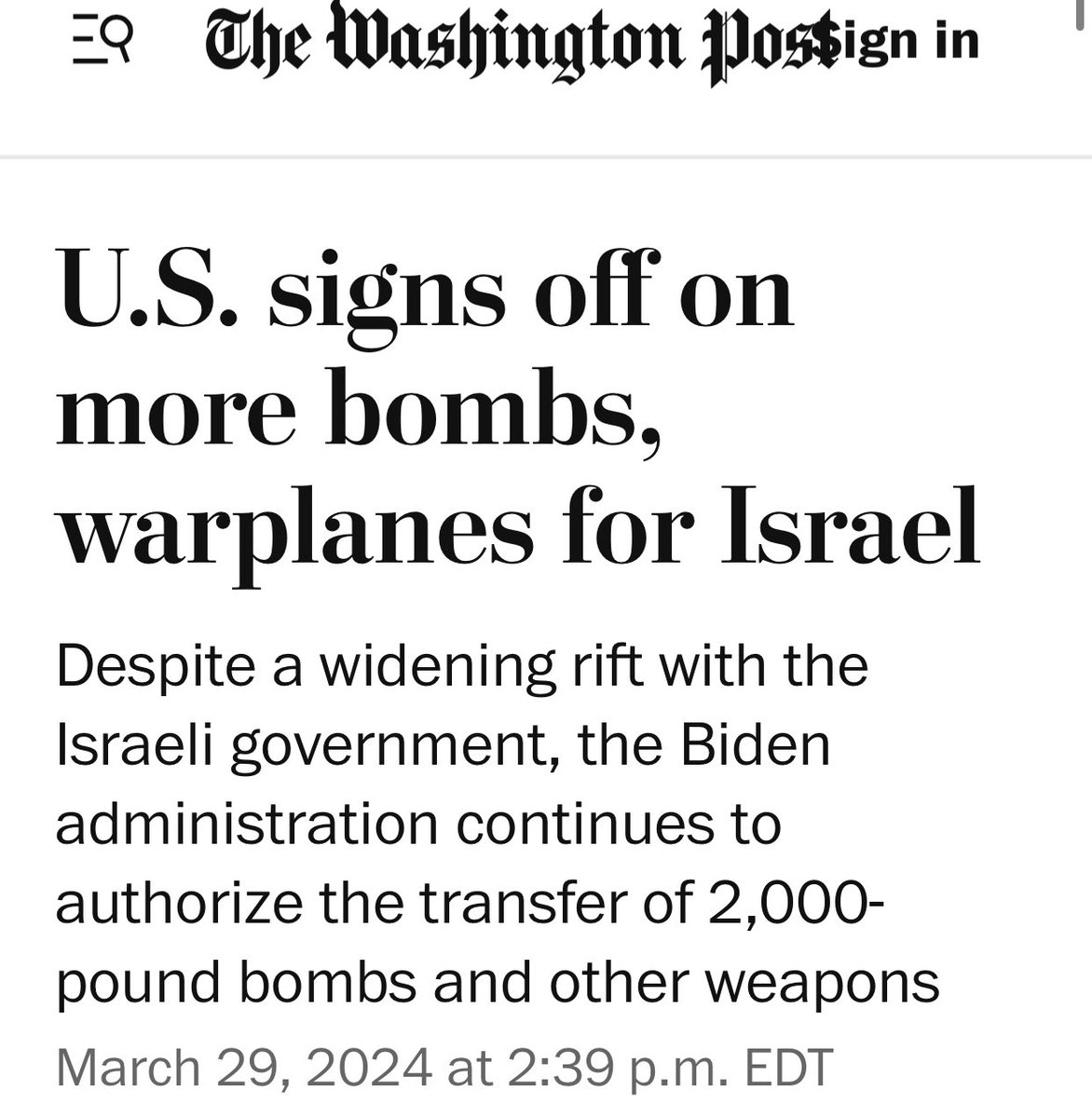 tksshawa's tweet image. What else is there to say?

The new arms packages include more than 1,800 MK84 2,000-pound bombs &amp;amp; 500 MK82 500-pound bombs, not to mention a whopping 25 F35 fighter jets/engines.

Everything you hear about Biden's "frustration" with Netanyahu is a smokescreen, a distraction.